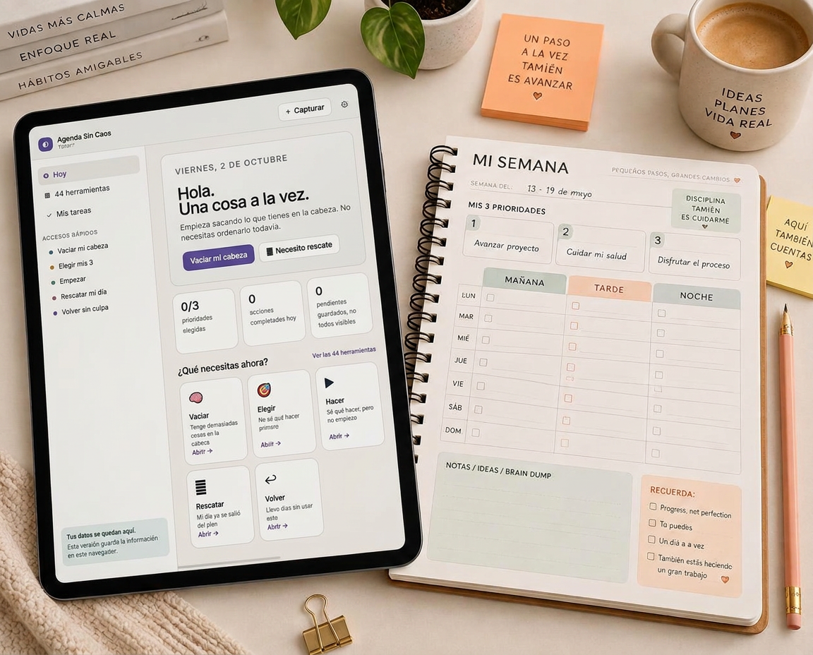 Agenda Sin Caos TDAH en tablet junto al planificador semanal impreso